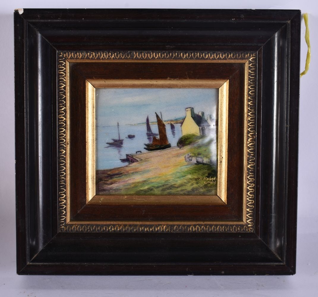A LIMOGES ENAMEL MARITIME PLAQUE by Jules Sarlandie. 18 cm x 15 cm. (1 of 4)