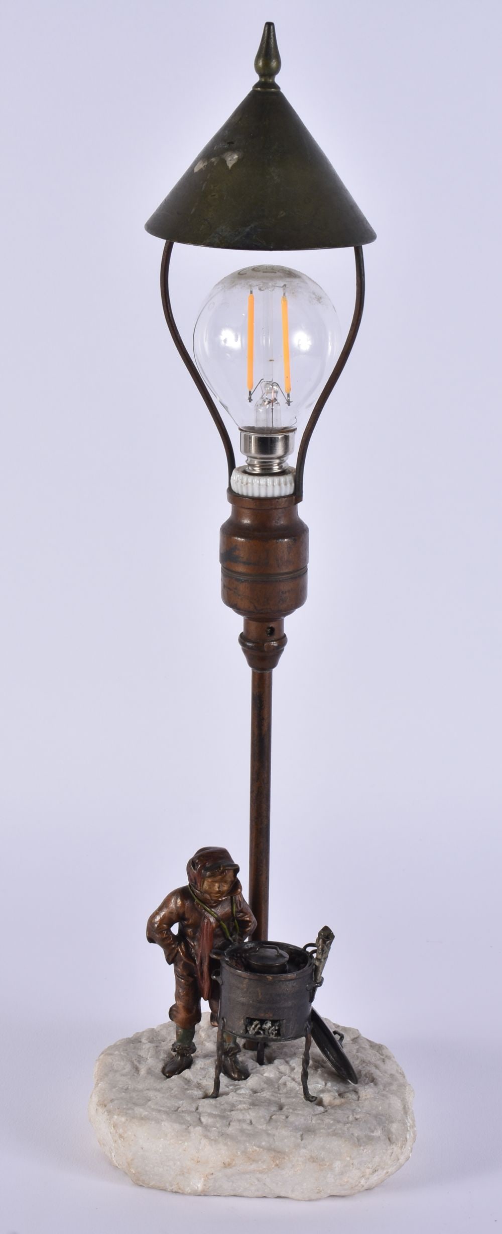 AN EARLY 20TH CENTURY AUSTRIAN COLD PAINTED BRONZE LAMP formed as a boy beside a burning fire. 35 cm (1 of 5)