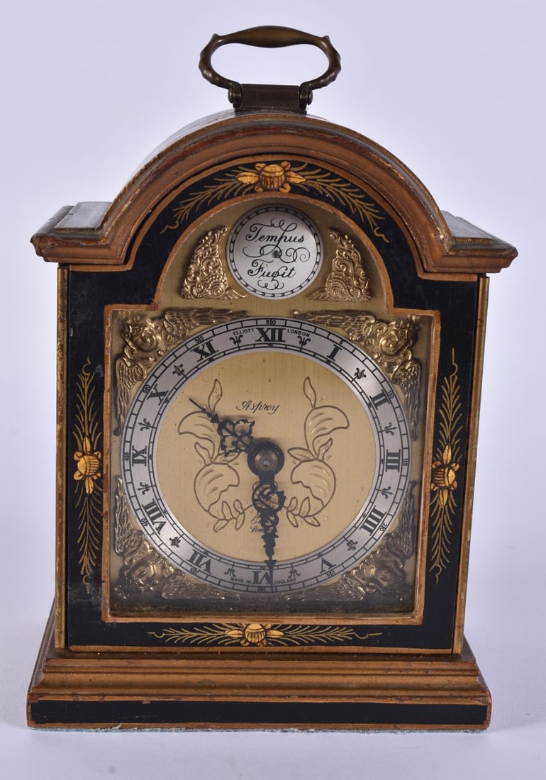 AN ASPREY ELLIOTT OF LONDON CHINOISERIE CLOCK. 23 cm high inc handle. (1 of 6)
