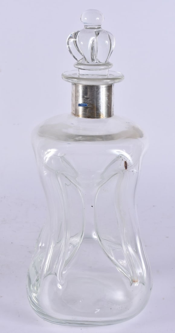 A SILVER MOUNTED HOUR GLASS DECANTER AND STOPPER. 26 cm high. (1 of 5)