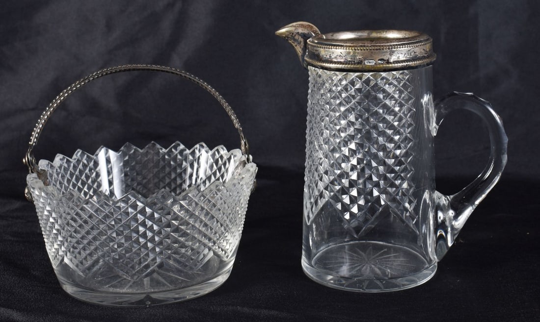 AN ANTIQUE SILVER MOUNTED CUT GLASS BASKET and a matching jug. Largest 9 cm wide. (2) (1 of 5)