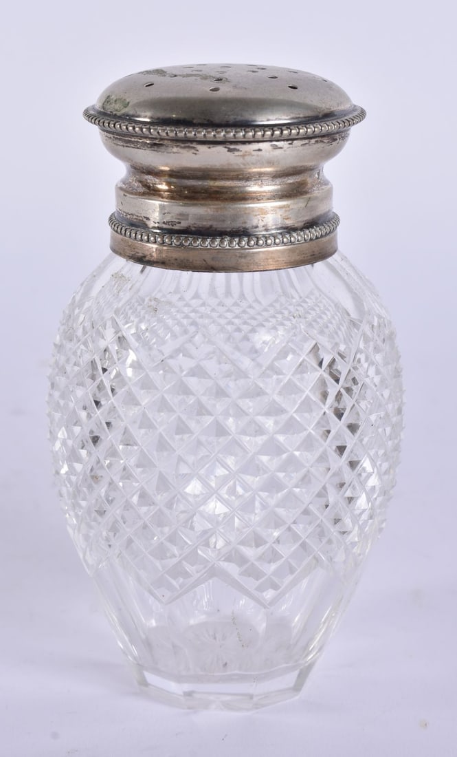A SILVER MOUNTED GLASS SIFTER. Silver 15 grams. 9 cm high. (1 of 4)