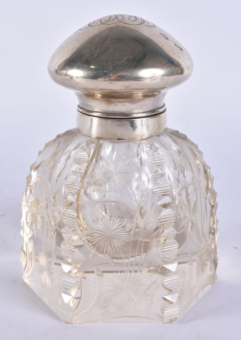 A SILVER MOUNTED GLASS INKWELL. 16 cm high. (1 of 5)