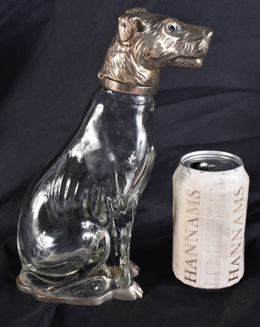A SILVER PLATED DOG CLARET JUG. 25 cm high. (1 of 6)