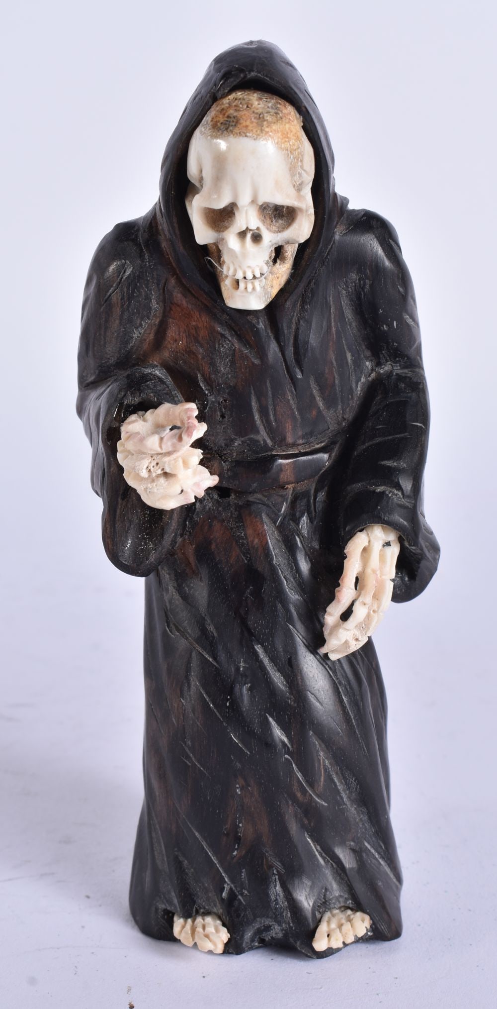 A MEMENTO MORI CARVED WOOD AND STAG ANTLER SKELETON. 15 cm high. (1 of 5)