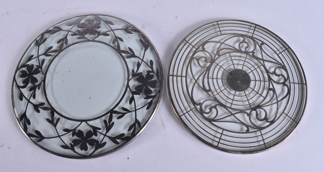 TWO SILVER OVERLAID GLASS TRIVET STANDS. 15 cm wide. (2) (1 of 4)
