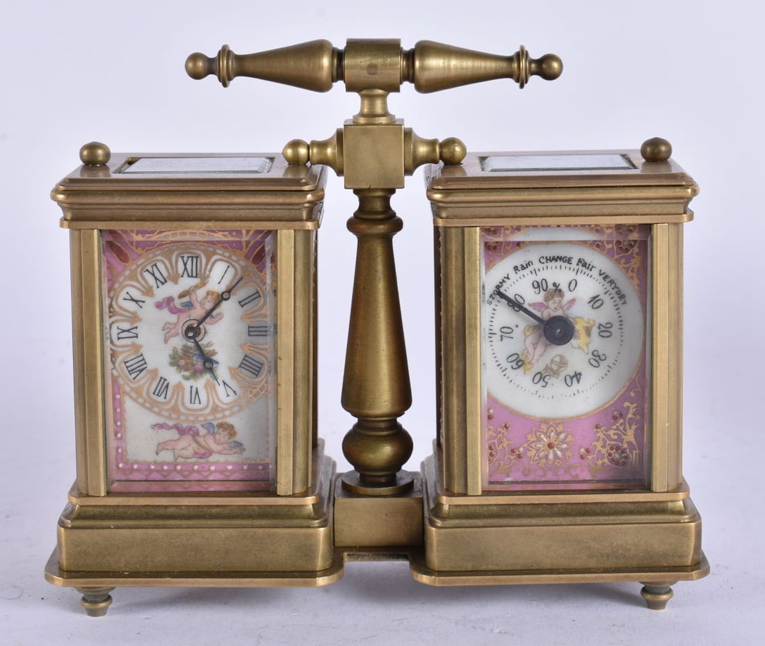 A DOUBLE PORCELAIN CARRIAGE CLOCK. 12 cm x 10 cm. (1 of 8)