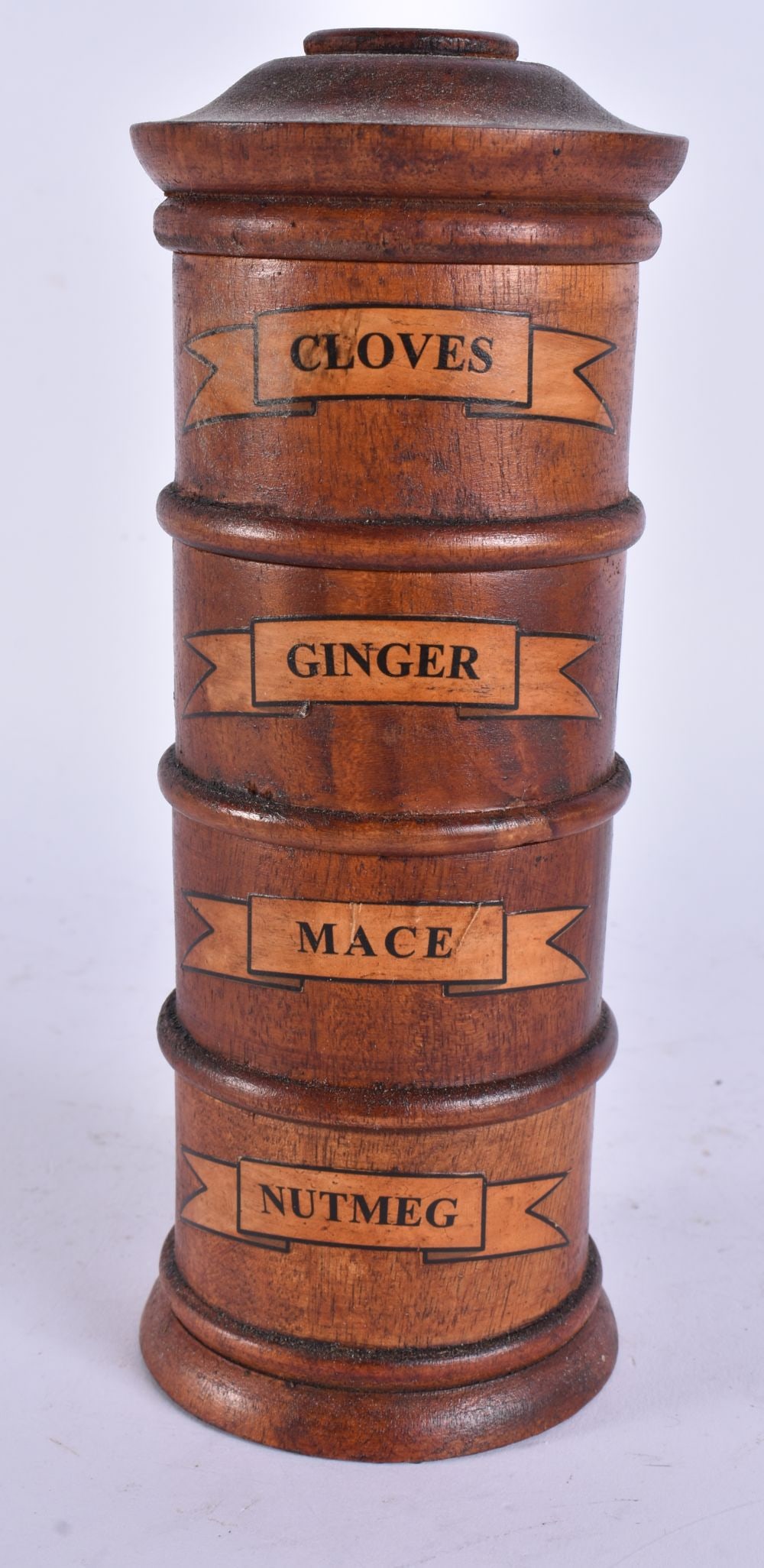 A TREEN WOOD SPICE TOWER. 15 cm high. (1 of 4)