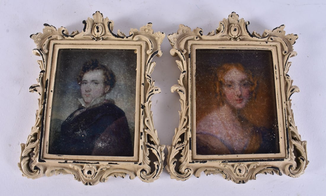 A PAIR OF CONTINENTAL PORTRAIT MINIATURES. 13 cm x 11 cm.: A PAIR OF CONTINENTAL PORTRAIT MINIATURES. 13 cm x 11 cm.