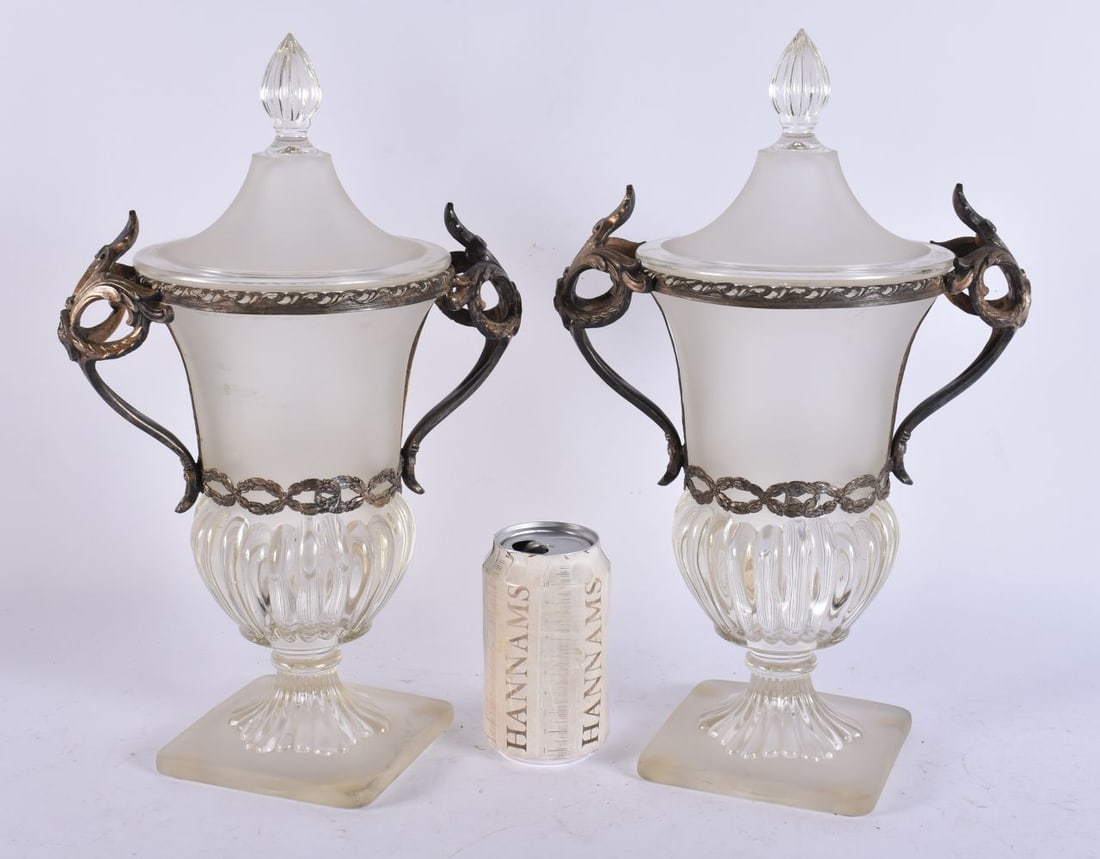 A LARGE PAIR OF GLASS URNS AND COVERS. 37 cm high. (1 of 5)
