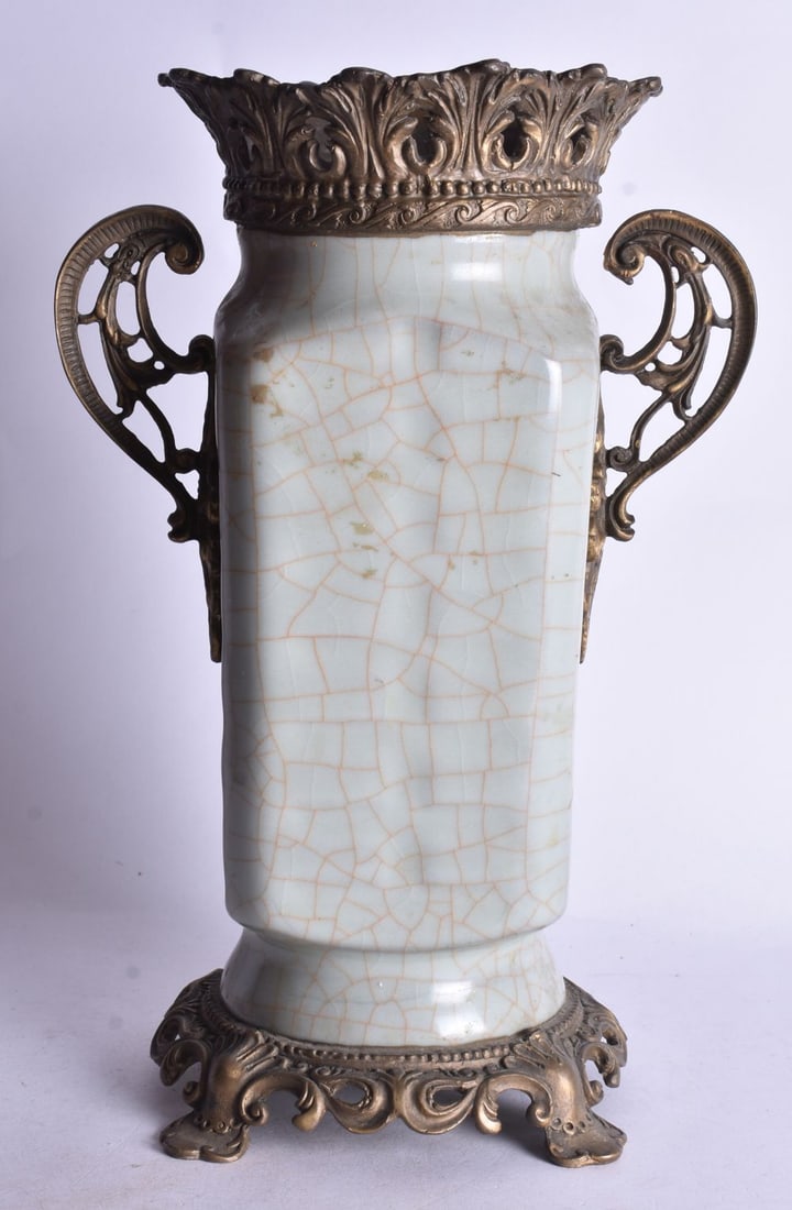 A CHINESE QING DYNASTY CRACKLE GLAZED GE TYPE VASE with French bronze mounts. 30 cm high. (1 of 5)