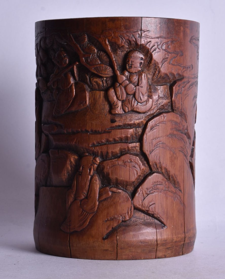 A CHINESE QING DYNASTY BAMBOO BRUSH POT. 15 cm x 11 cm. (1 of 4)
