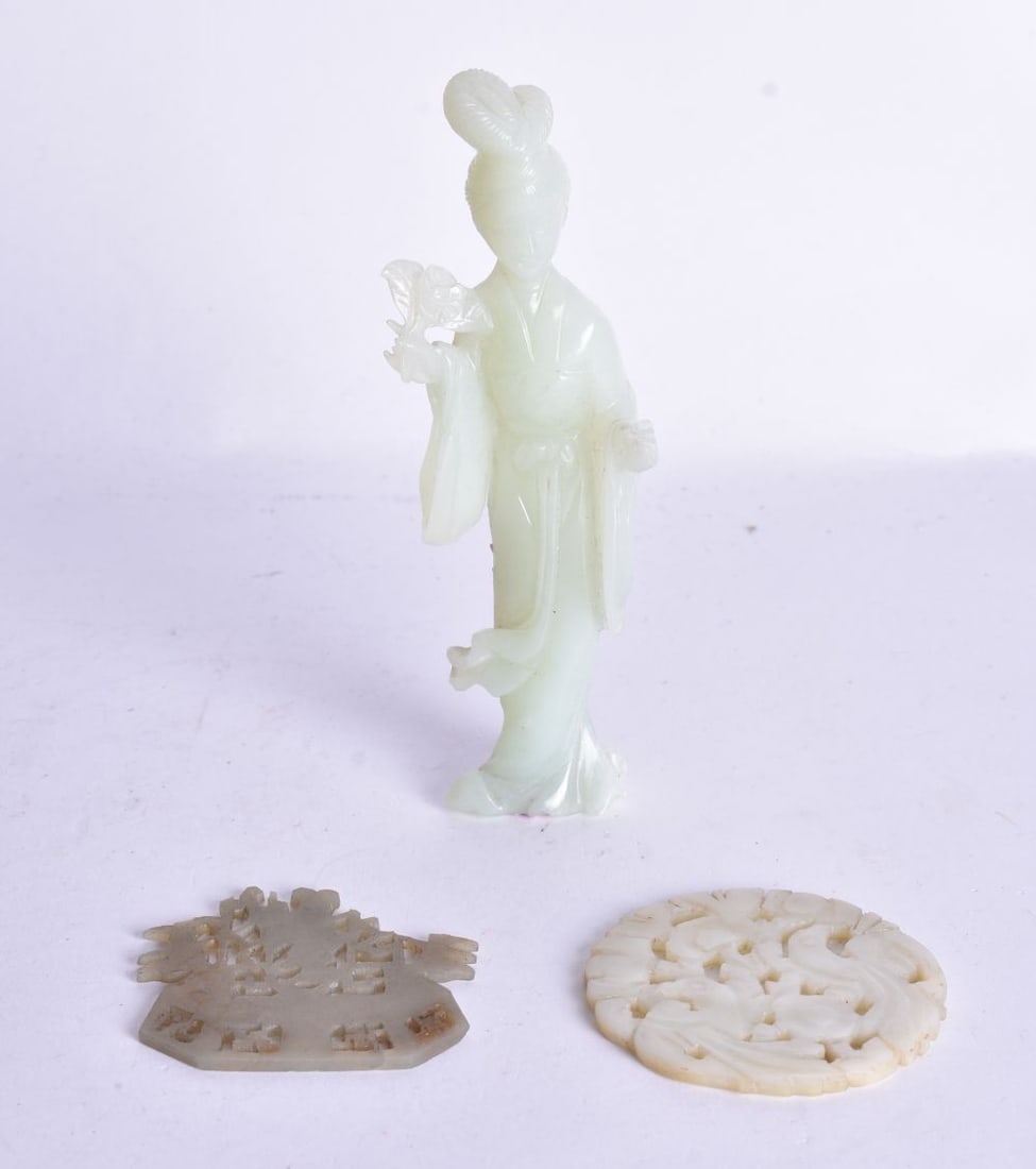 THREE CHINESE QING DYNASTY JADE CARVINGS. Largest 12.5 cm high. (3) (1 of 5)