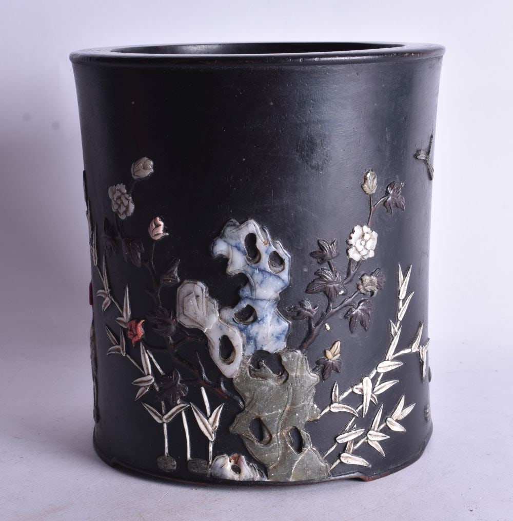 A CHINESE QING DYNASTY CARVED HARDWOOD HARDSTONE INSET BRUSH POT. 18 cm x 16 cm. (1 of 4)