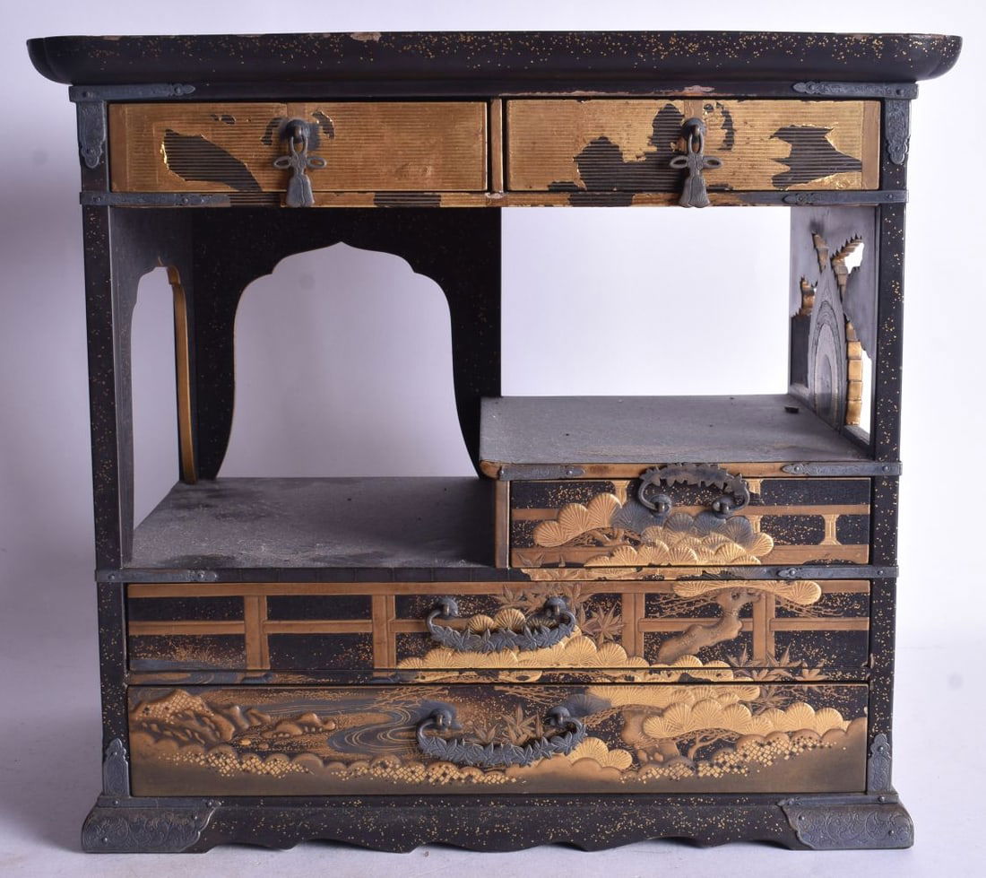 A 19TH CENTURY JAPANESE MEIJI PERIOD BLACK LACQUER CABINET decorated with figures and landscapes. 24 (1 of 6)