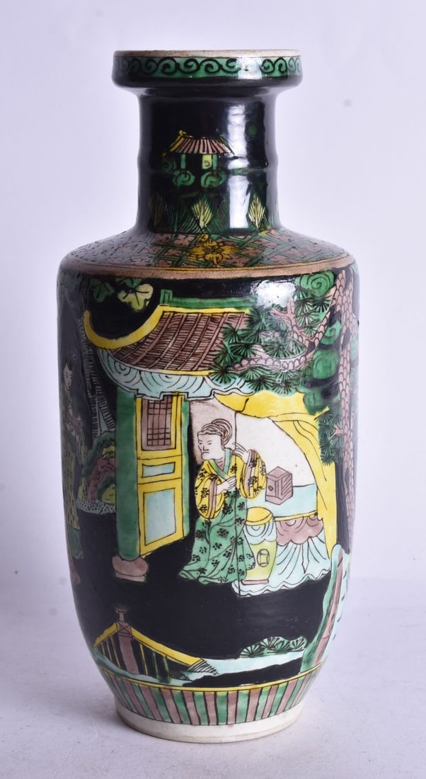 A 19TH CENTURY CHINESE FAMILLE NOIRE PORCELAIN ROULEAU VASE bearing Kangxi marks to base. 24.5 cm hi (1 of 4)
