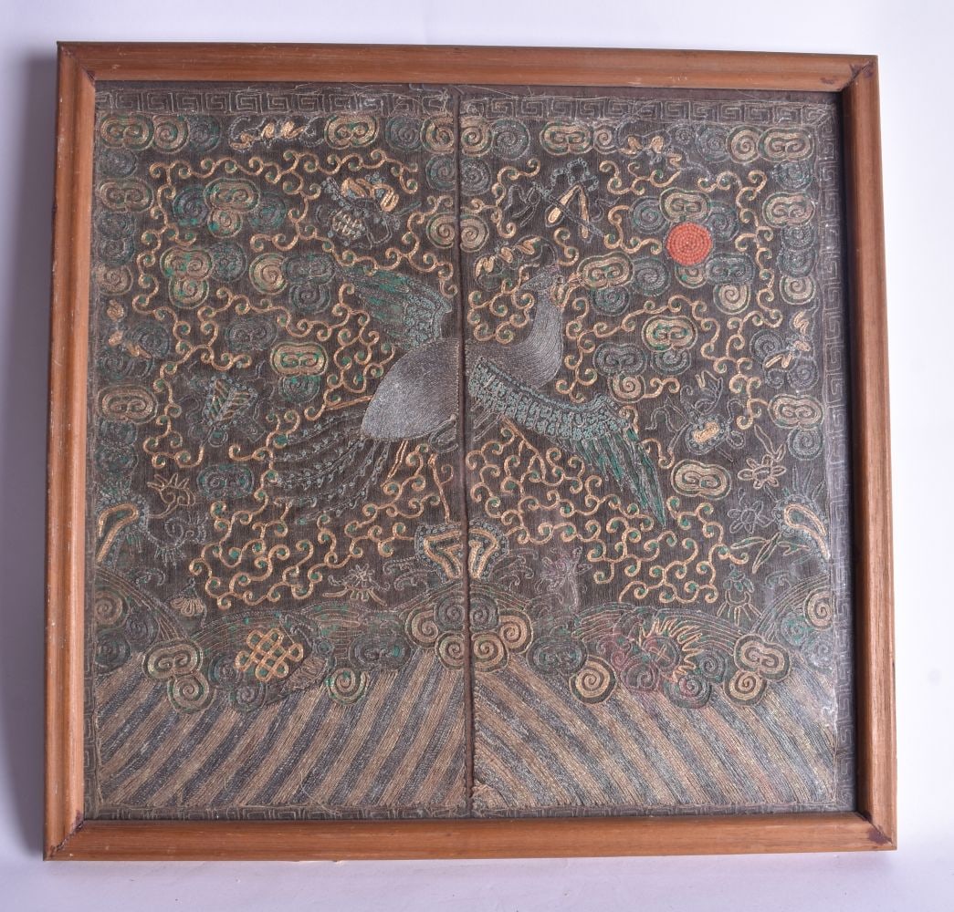 A CHINESE QING DYNASTY SILK EMBROIDERED MANDARIN RANK BADGE. 32 cm square. (1 of 5)