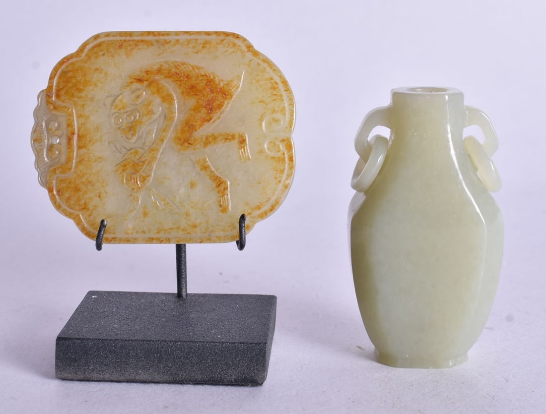 A CHINESE QING DYNASTY RUSSET JADE MONKEY PLAQUE together with a jade vase. Largest 5.5 cm x 4.5 cm. (1 of 3)