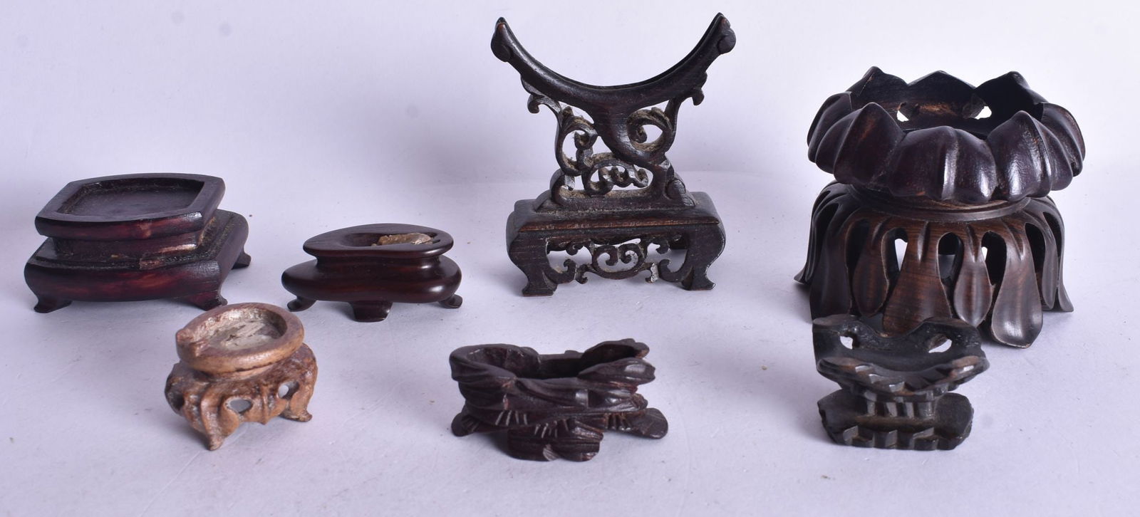 ASSORTED MINIATURE CHINESE HARDWOOD DISPLAY STANDS. Largest 6.75 cm wide. (qty) (1 of 4)