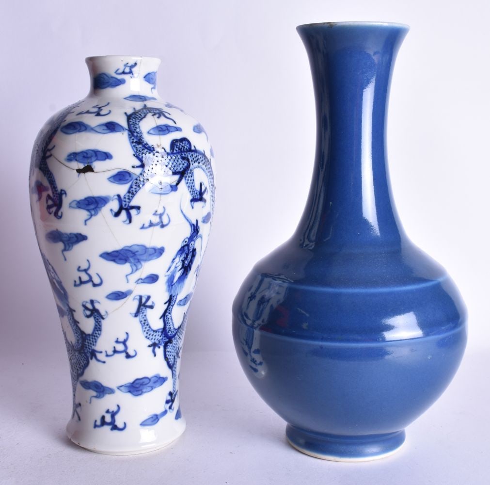 A 19TH CENTURY CHINESE BLUE AND WHITE PORCELAIN DRAGON VASE together with a blue monochrome vase. La: A 19TH CENTURY CHINESE BLUE AND WHITE PORCELAIN DRAGON VASE together with a blue monochrome vase. Largest 25 cm high. (2)