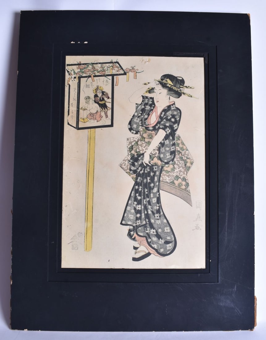 A JAPANESE WOODBLOCK PRINT OF A GEISHA. 55 cm x 38 cm. (1 of 6)