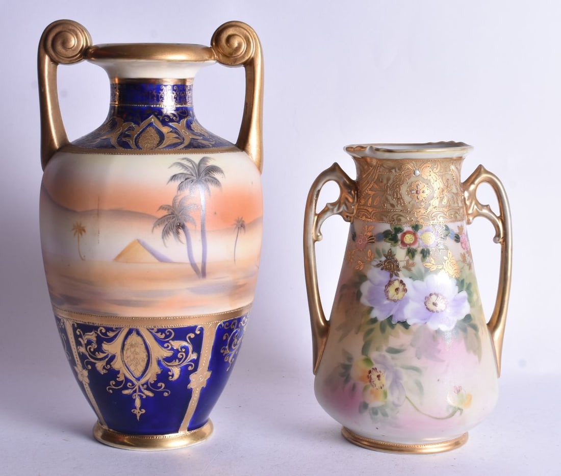TWO JAPANESE NORITAKE PORCELAIN VASES. Largest 23.5 cm high. (2) (1 of 4)