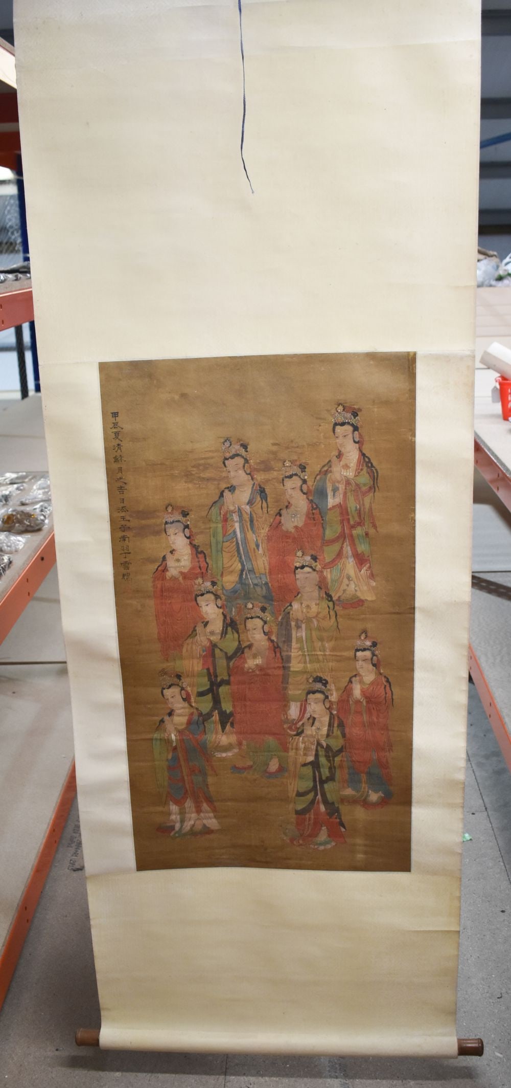 A 19TH CENTURY ORIENTAL PAINTED IMMORTAL SCROLL. 174 cm x 60 cm. (1 of 6)