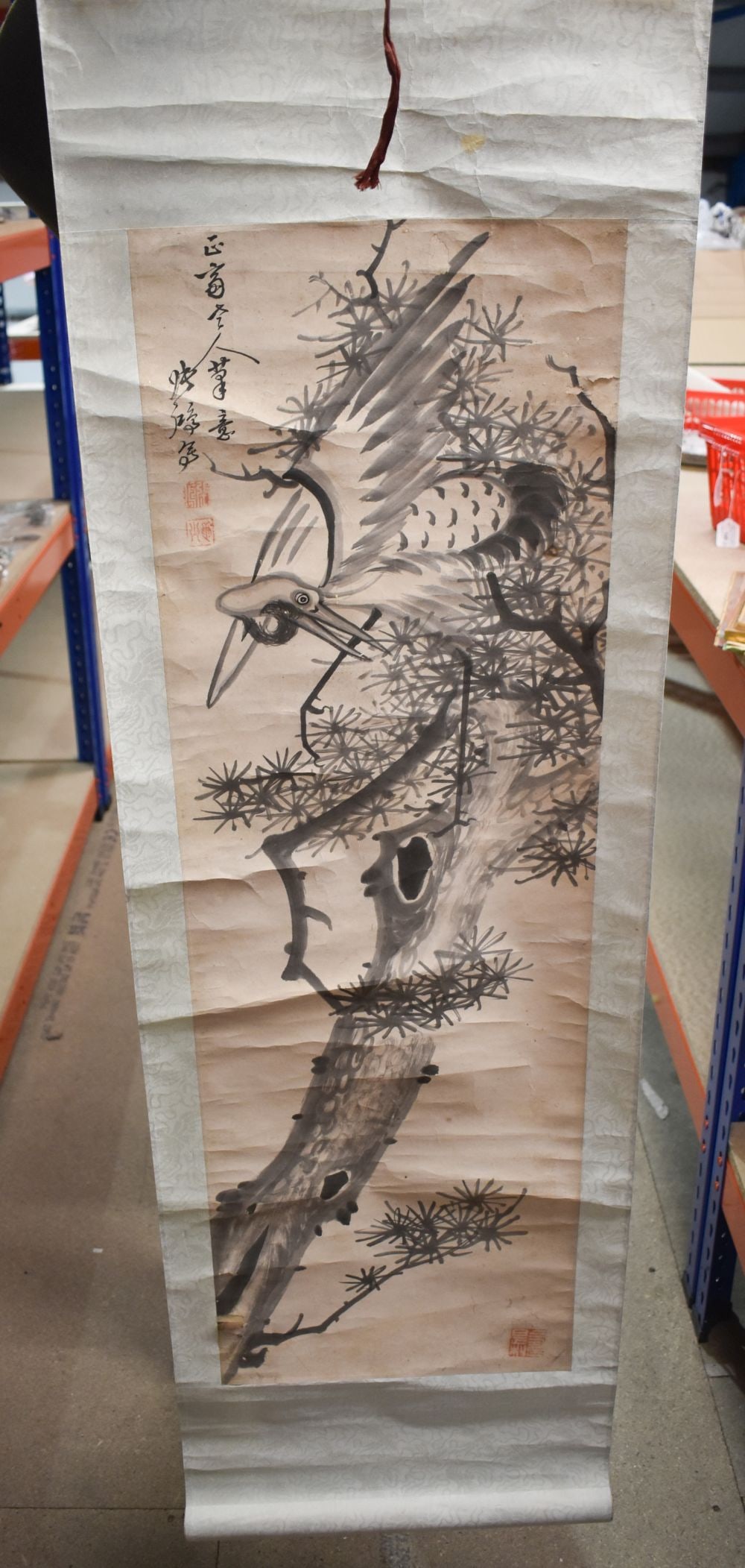 A CHINESE INK SCROLL BIRD PAINTING. 140 cm x 38 cm. (1 of 9)