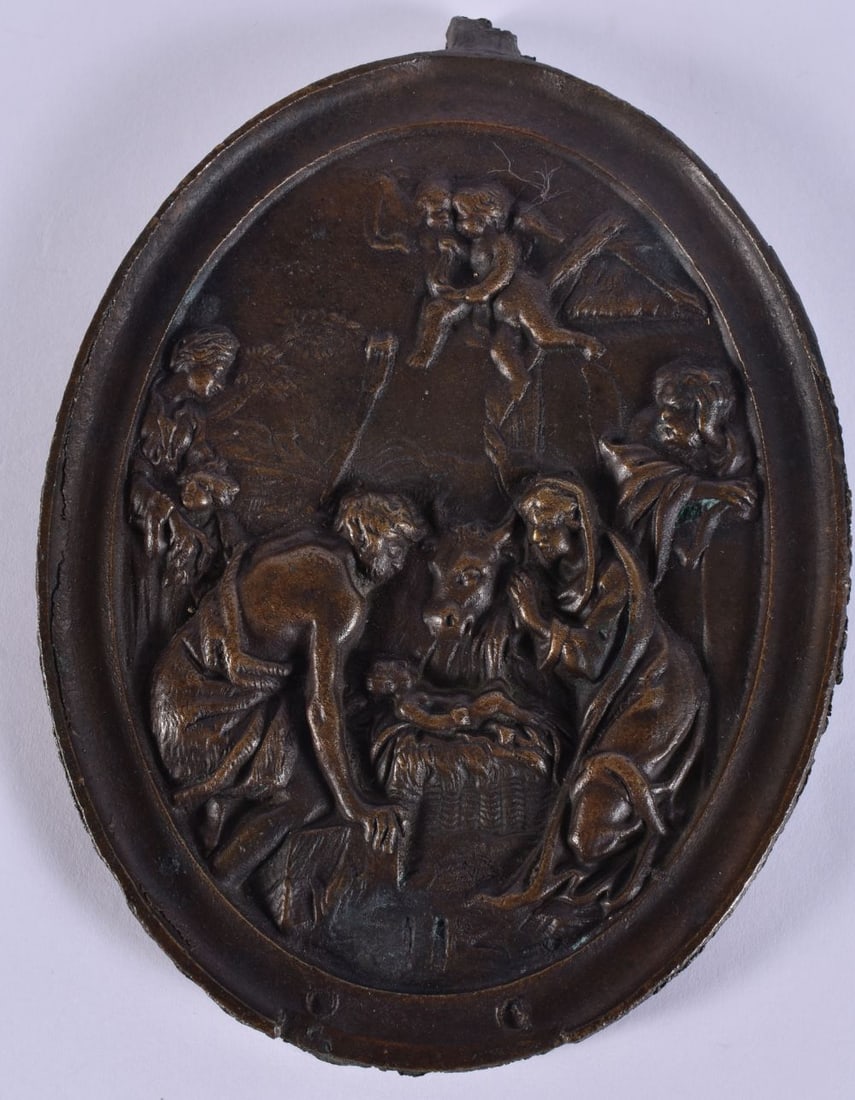 A 17TH/18TH CENTURY EUROPEAN BRONZE RELIEF PLAQUE depicting saints and putti. 15 cm x 11.5 cm. (1 of 7)
