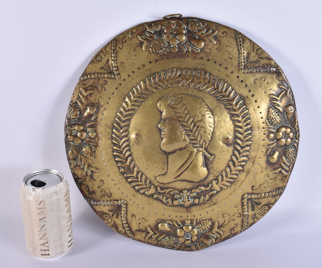 A 17TH/18TH CENTURY CONTINENTAL RELIEF PORTRAIT BRASS PLAQUE. 32 cm wide. (1 of 4)