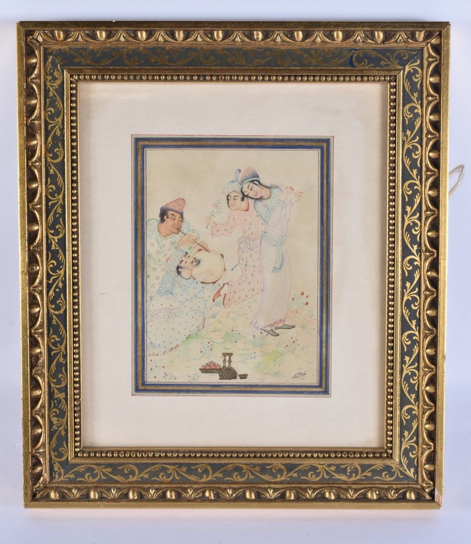 A 19TH CENTURY ISLAMIC PERSIAN WATERCOLOUR MANUSCRIPT depicting musicians within a landscape. 32 cm (1 of 9)