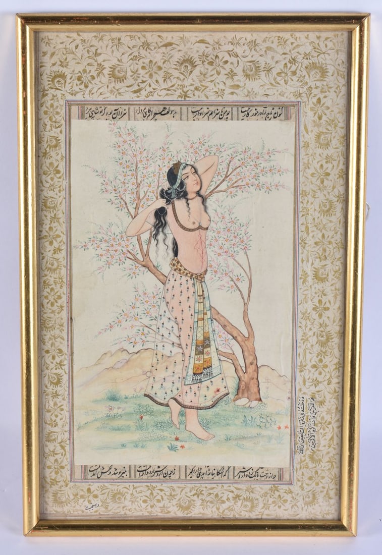 A 19TH CENTURY ISLAMIC PERSIAN WATERCOLOUR MANUSCRIPT depicting partial nude female within a landsca: A 19TH CENTURY ISLAMIC PERSIAN WATERCOLOUR MANUSCRIPT depicting partial nude female within a landscape. 34 cm x 20 cm.
