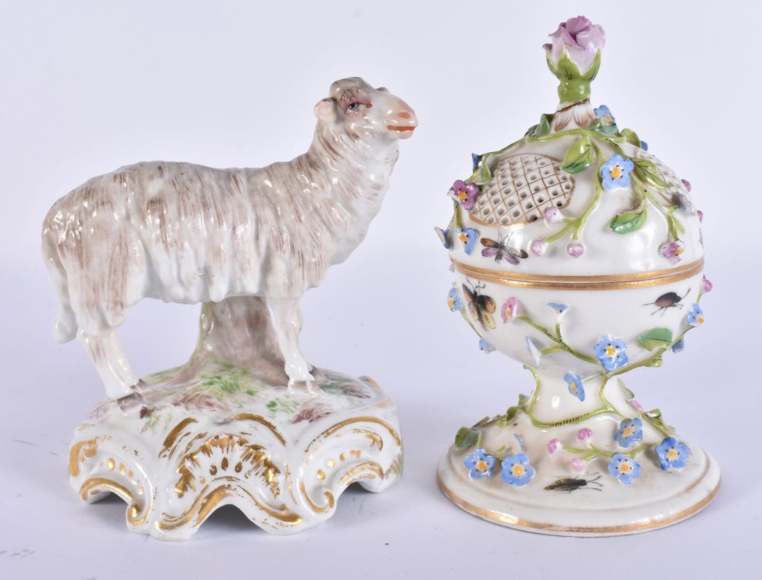 A 19TH CENTURY GERMAN MEISSEN PORCELAIN FIGURE OF A SHEEP together with a similar German encrusted p (1 of 5)