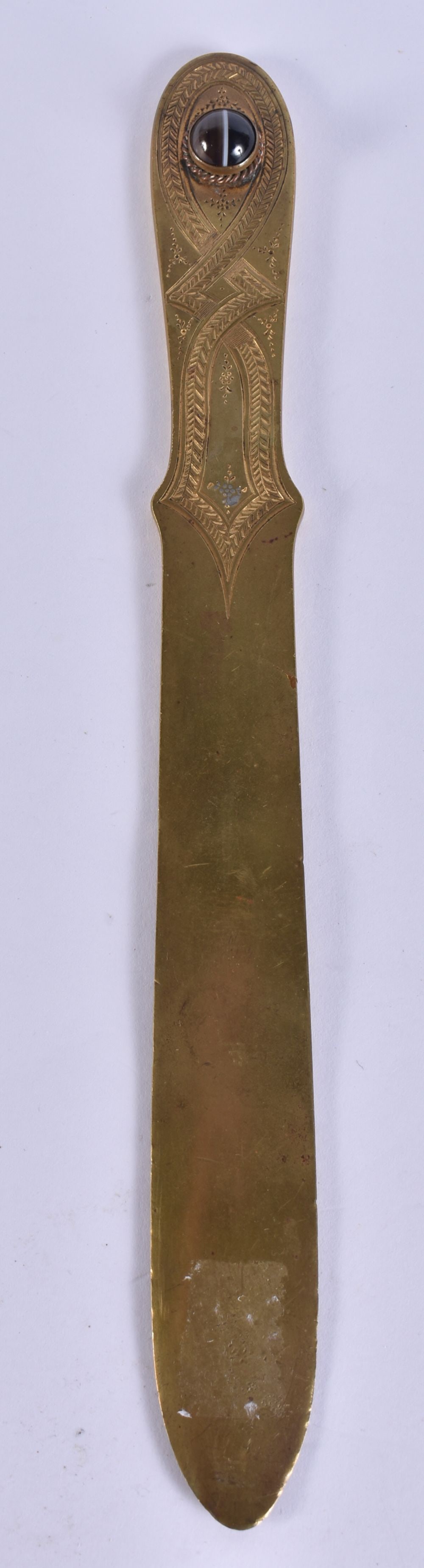 A VICTORIAN BRONZE AND BANDED AGATE LETTER OPENER. 22 cm long. (1 of 3)