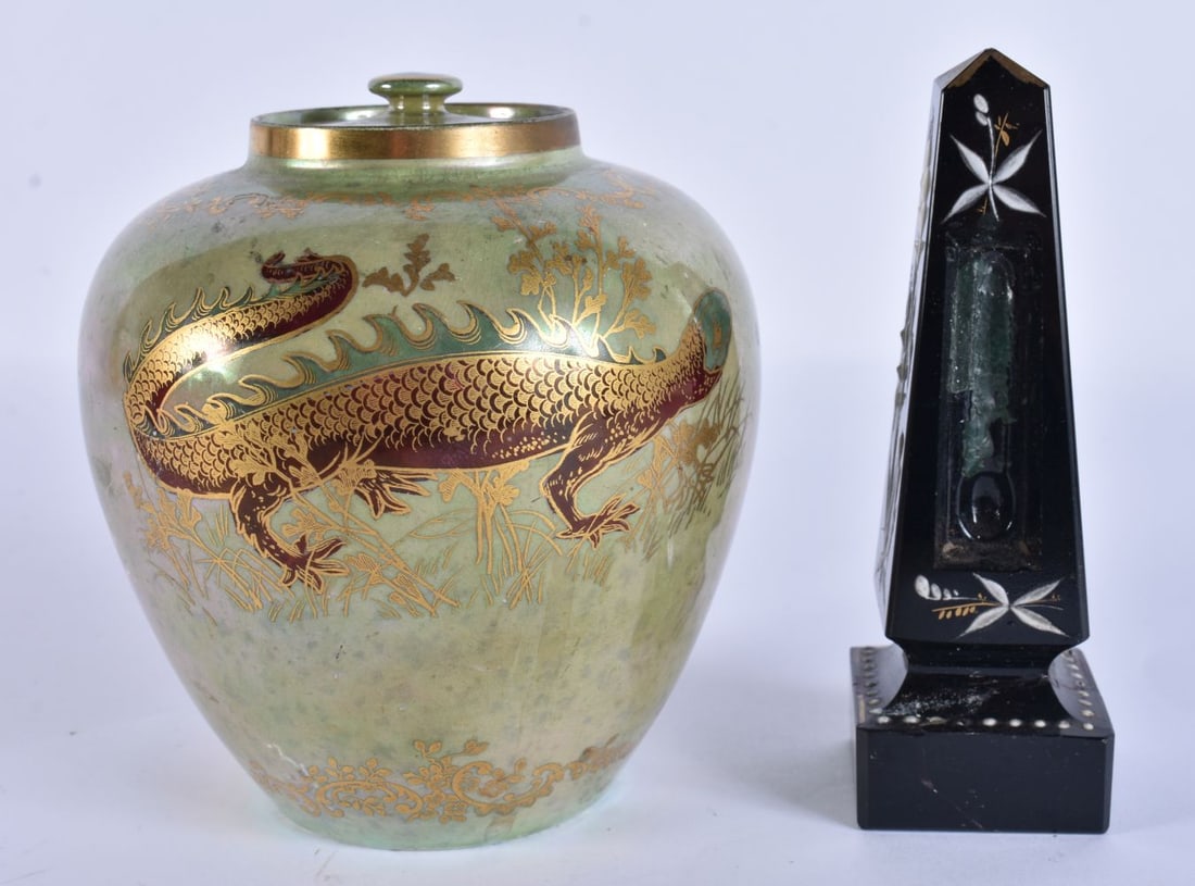 AN UNUSUAL VICTORIAN BLACK ENAMELLED GLASS OBELISK together with an unusual Crown Devon Fieldings lu: AN UNUSUAL VICTORIAN BLACK ENAMELLED GLASS OBELISK together with an unusual Crown Devon Fieldings lustre jar and cover. Largest 12.5 cm high. (2)