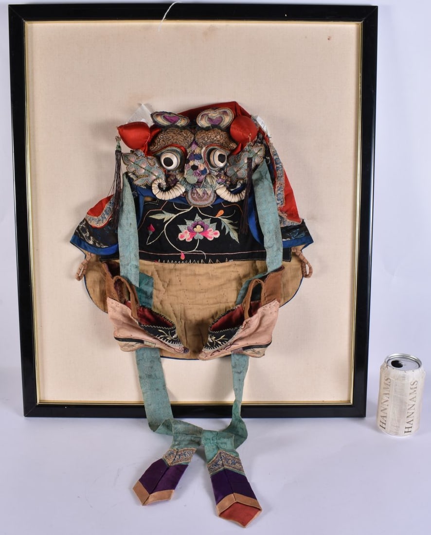 AN UNUSUAL 19TH CENTURY CHINESE SILK EMBROIDERED HAT with shoes and attached tassels. 71 cm x 32 cm. (1 of 7)
