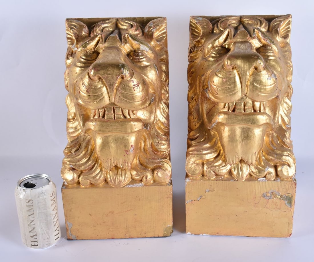 A LOVELY LARGE PAIR OF 19TH CENTURY GILTWOOD PEDESTAL LION MASKS upon purpose made fitted plinths. 3 (1 of 6)