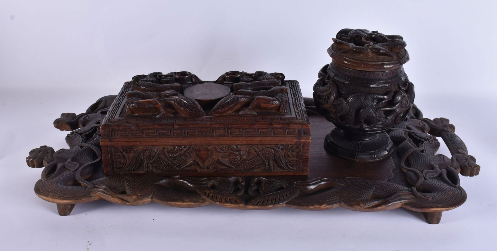 A LARGE 19TH CENTURY SOUTH EAST ASIAN CARVED WOOD TRAY together with large box & tobacco jar. Larges (1 of 13)