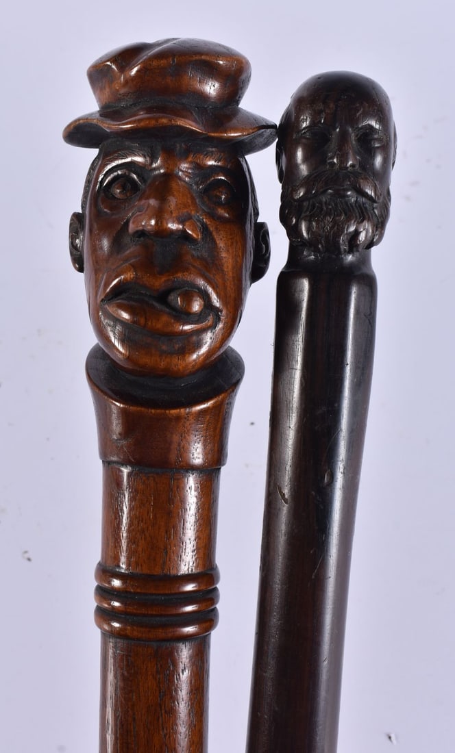 AN UNUSUAL 19TH CENTURY AMERICAN COLONIAL FOLK ART WOOD WALKING CANE together with another similar w (1 of 9)