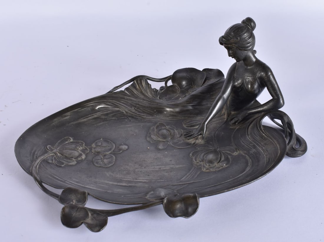 AN ART NOUVEAU WMF PEWTER LILY PAD DISH. 24 cm x 18 cm. (1 of 6)