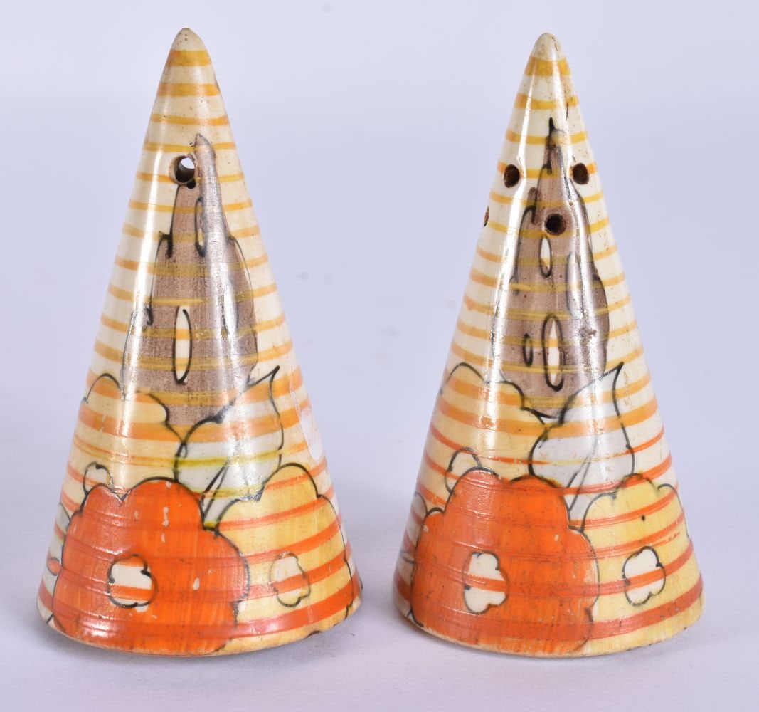 A PAIR OF ART DECO CONICAL FORM CERAMIC CONDIMENTS. 8.75 cm high. (1 of 4)