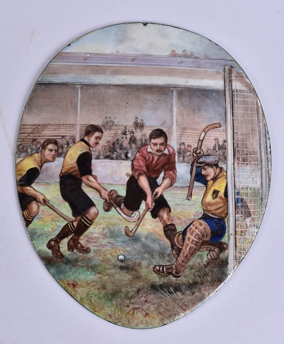 A RARE ANTIQUE ENAMEL HOCKEY PLAQUE. 14 cm x 10 cm.: A RARE ANTIQUE ENAMEL HOCKEY PLAQUE. 14 cm x 10 cm.