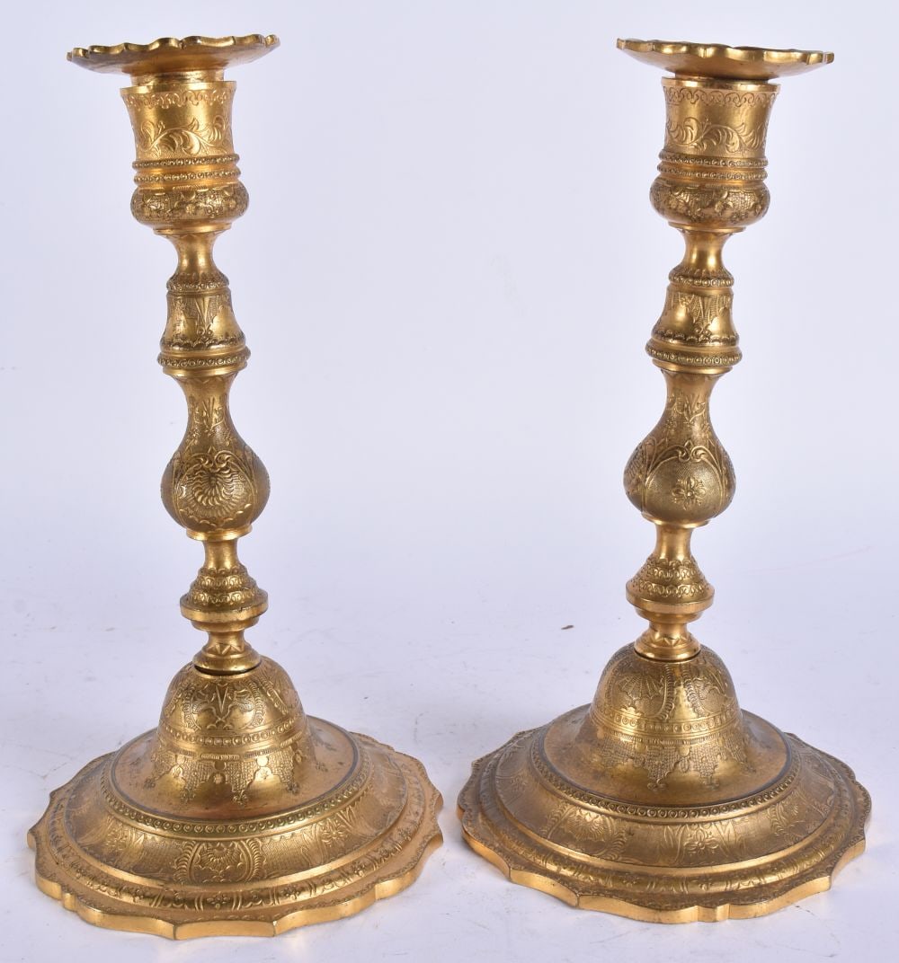 A PAIR OF 19TH CENTURY EUROPEAN GILT BRONZE CANDLESTICKS. 23.5 cm high. (1 of 8)