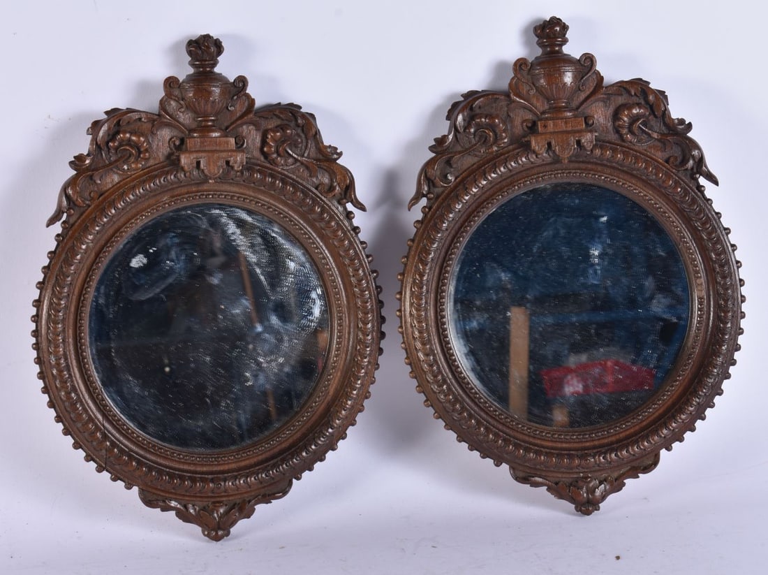 A PAIR OF ANTIQUE TREEN FRUITWOOD MIRRORS. 30 cm x 20 cm. (1 of 5)