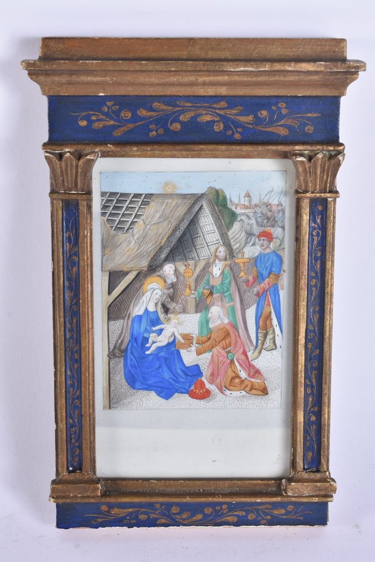 AN ANTIQUE PAINTED ILLUMINATED MANUSCRIPT PAGE. 18 cm x 12 cm. (1 of 5)