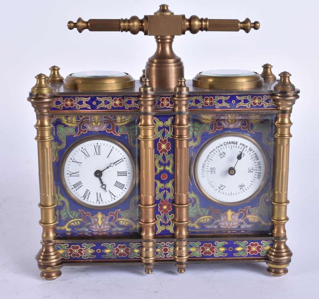 AN ENAMEL CLOCK BAROMETER. 14 cm x 10 cm. (1 of 7)