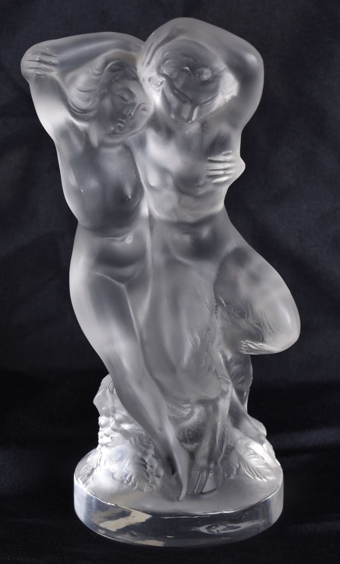 A FRENCH LALIQUE GLASS NUDE GROUP. 13.5 cm high.: A FRENCH LALIQUE GLASS NUDE GROUP. 13.5 cm high.