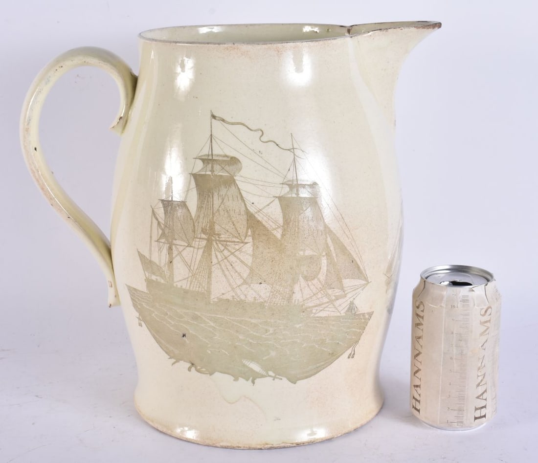 A VERY LARGE EARLY 19TH CENTURY CREAMWARE MARITIME FARMERS ARMS JUG. 32 cm x 22 cm. (1 of 5)