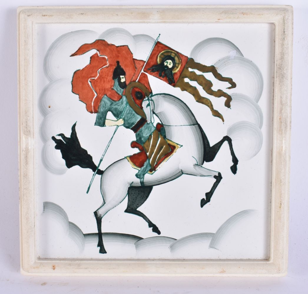 AN UNUSUAL SAINT GEORGE AND THE DRAGON TILE. 15 cm square.: AN UNUSUAL SAINT GEORGE AND THE DRAGON TILE. 15 cm square.