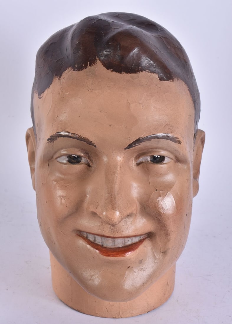 A 1930S ART DECO PAPIER MACHE HEAD. 27 cm high. (1 of 5)